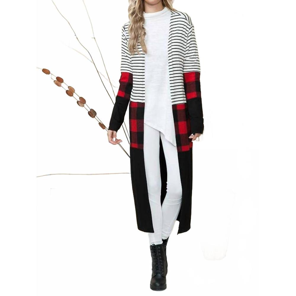 NEW BURGUNDY APPAREL maxi stripe & red plaid cardigan in multicolor